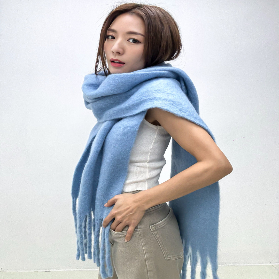 Ice Blue Wool Blended Tassels Scarf Soft Warm Stylish Winter Accessory for Men and Women