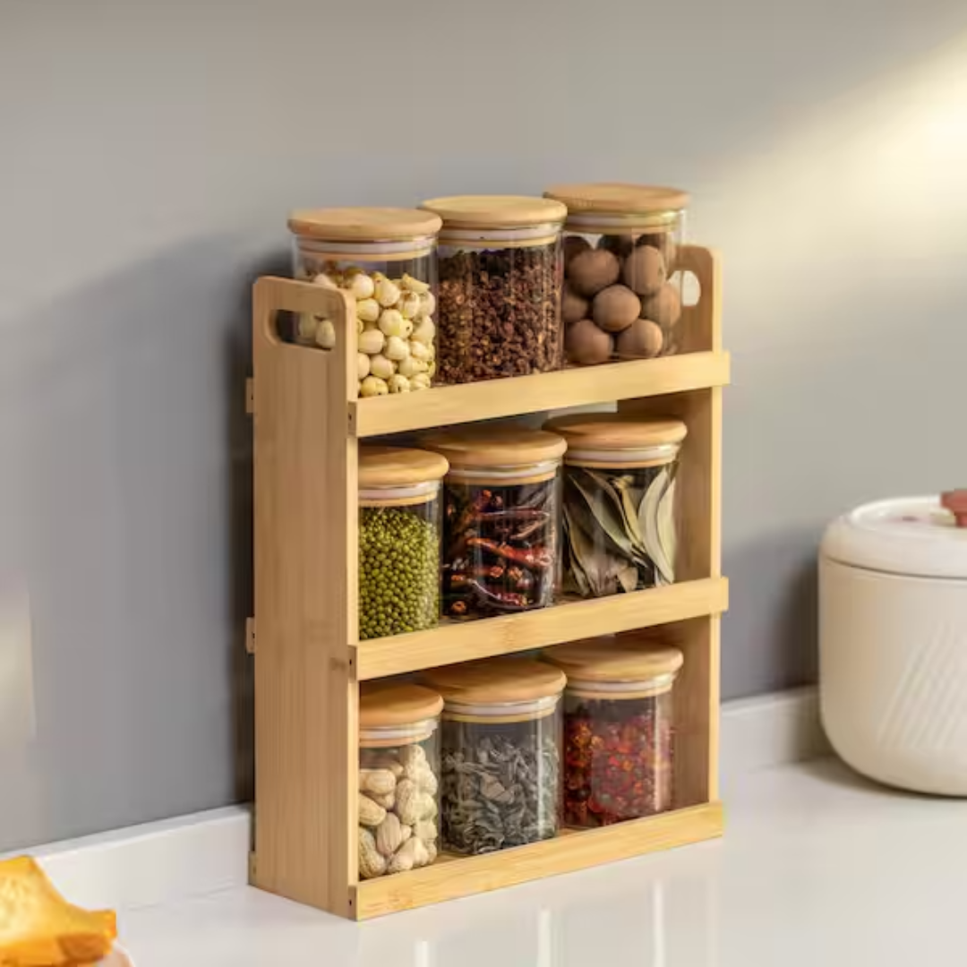 This item is a Basicwise 3-Tier Bamboo Spice Rack and Pantry Organizer, often sold with included glass storage jars