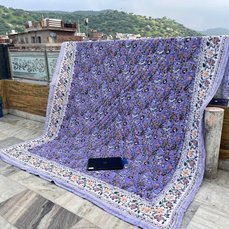 Hand Block Print Purple Color Cotton Quilt, Home Decor