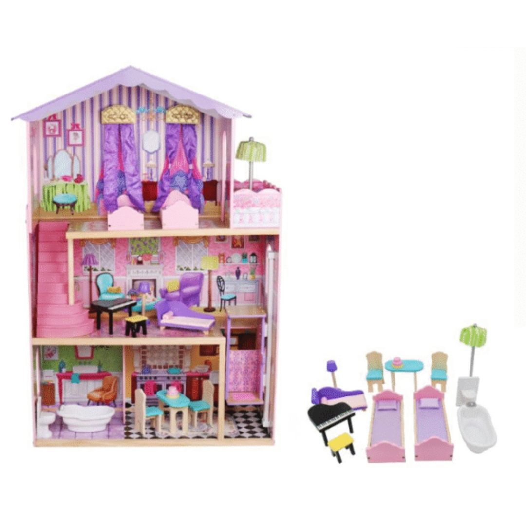 Deluxe 3-Story Wooden Dollhouse With Furniture Set