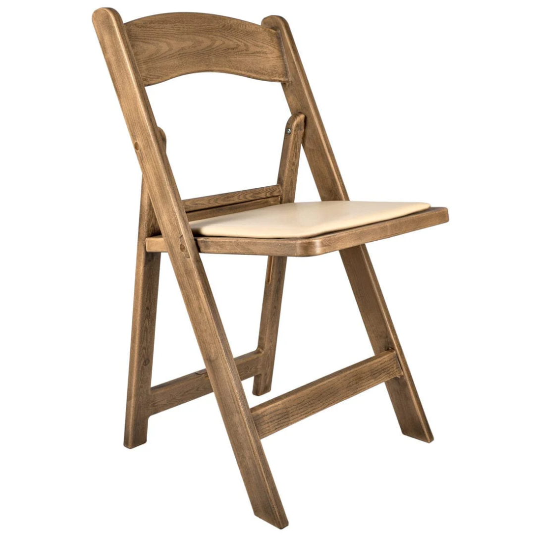 Chestnut Folding Chair with Tan Cushion for Patio Comfort