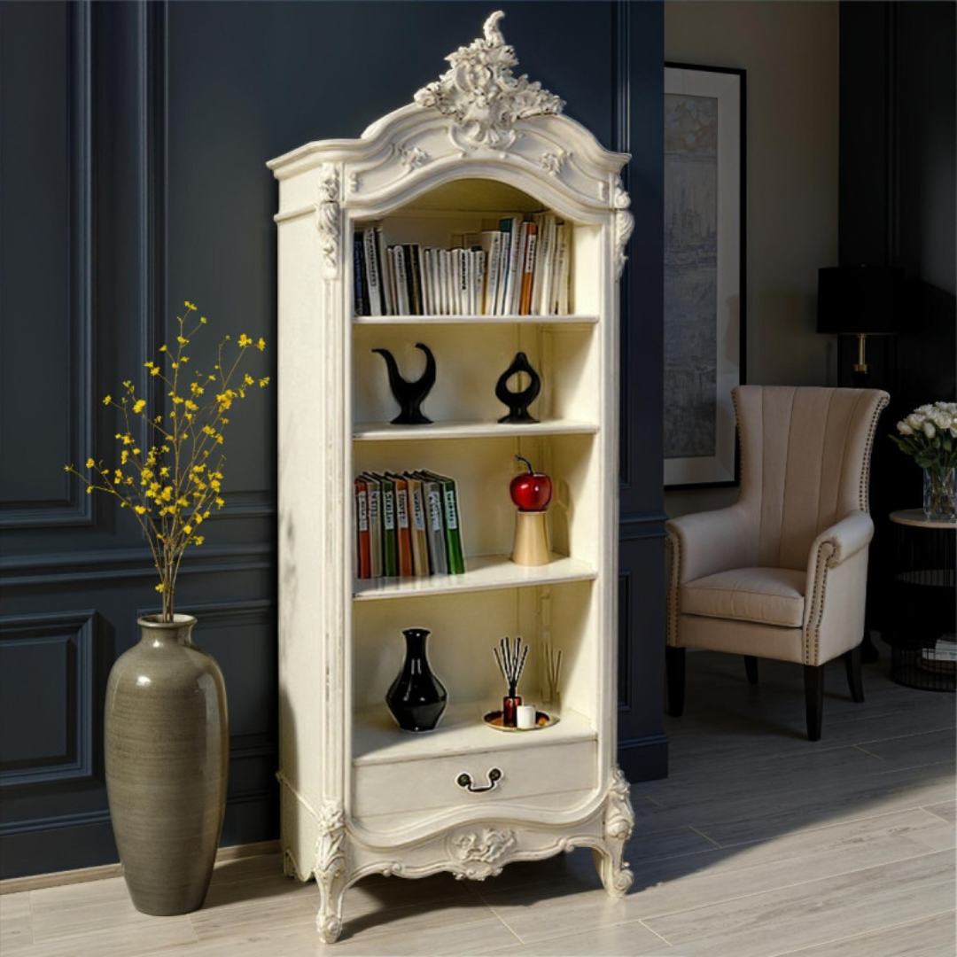Provencale Antique White Bookshelf with Drawer for Vintage Appeal