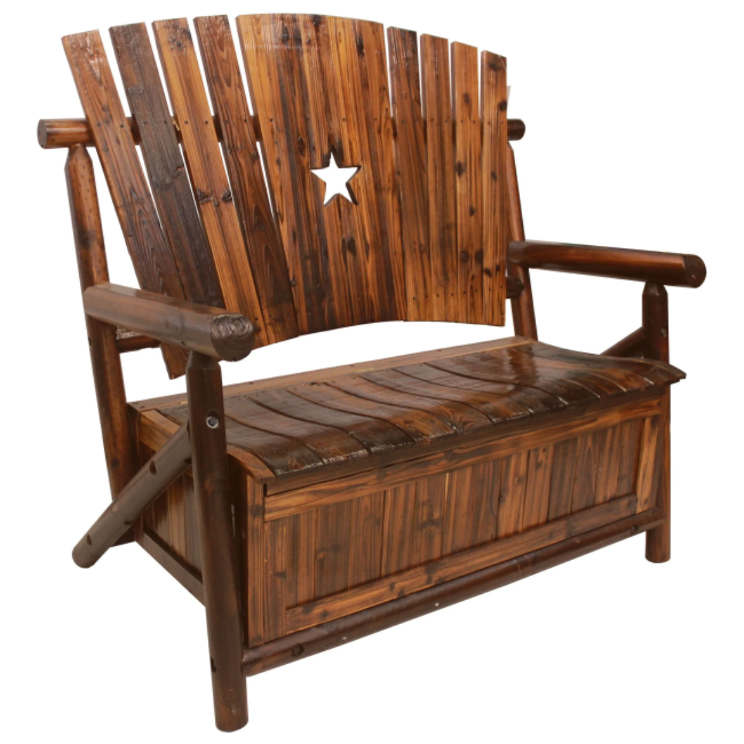 Char-Log Star Storage Bench for Rustic Outdoor Seating Style