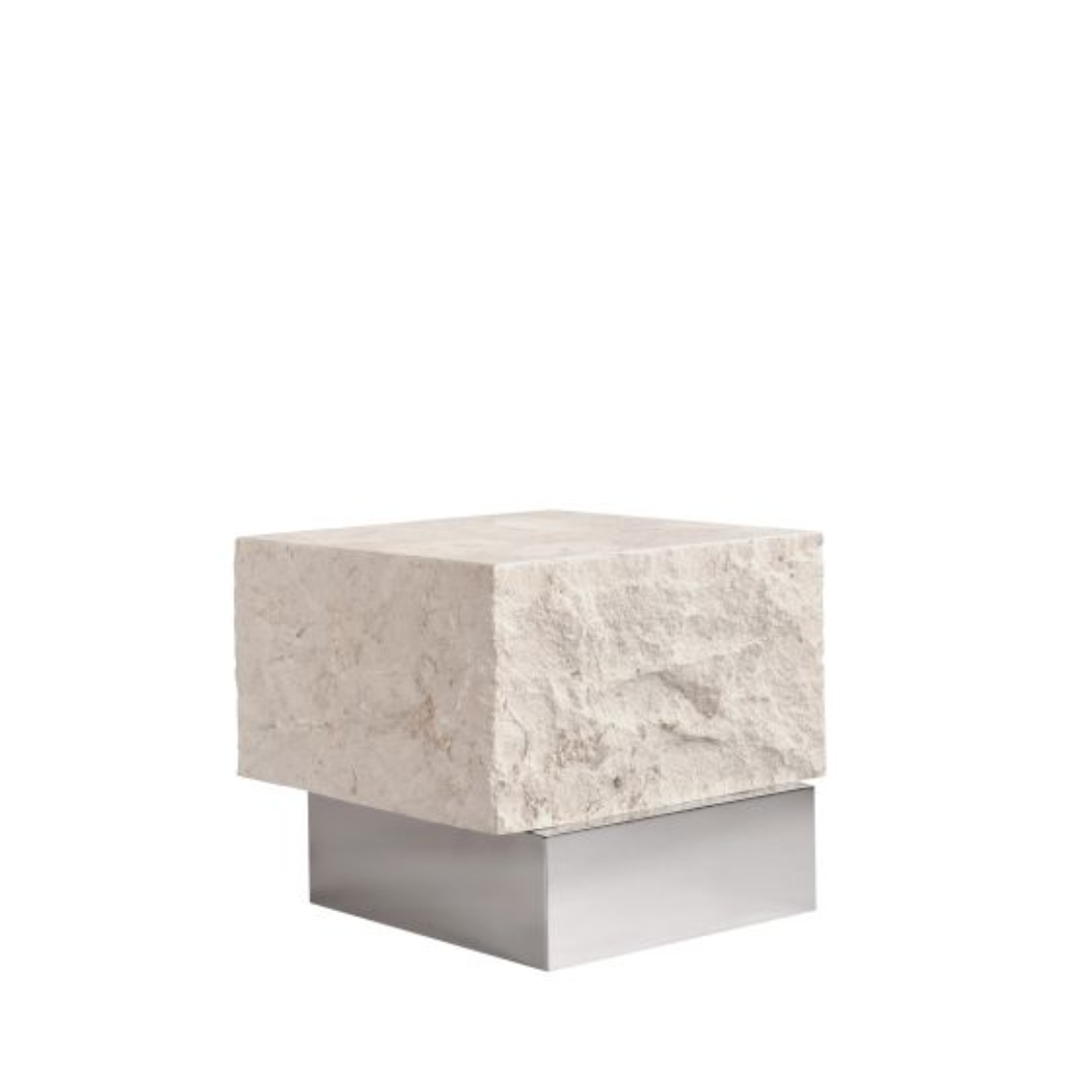 Temple Coffee Table Low Chrome Limestone for Luxe Interiors