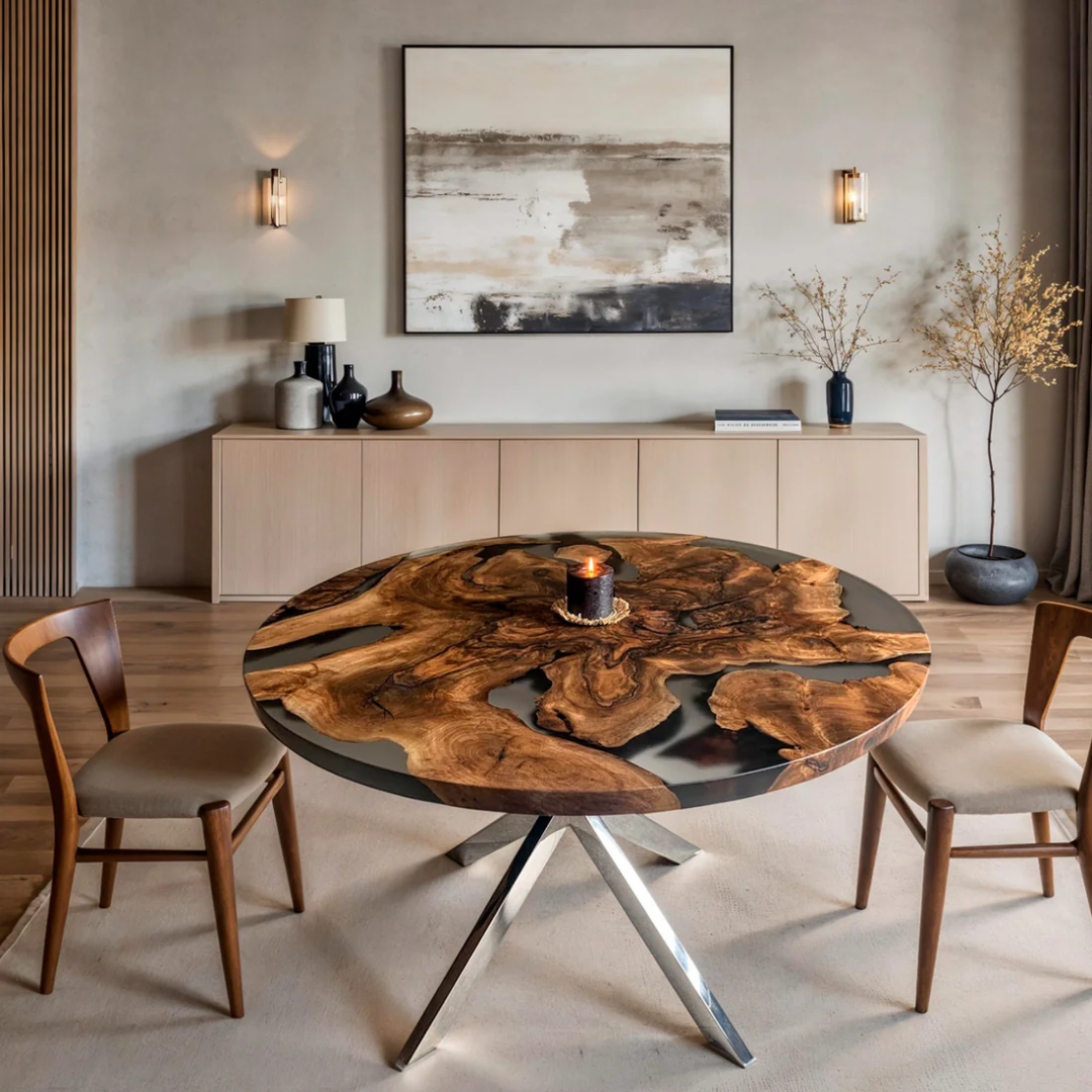 Round Walnut Root Dining Table with Smoky Matte Resin Look