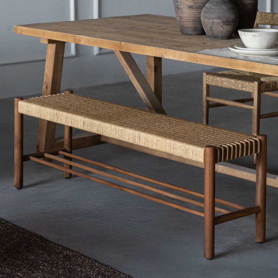 Celeste Solid Wood Rattan Dining Table Bench Seating