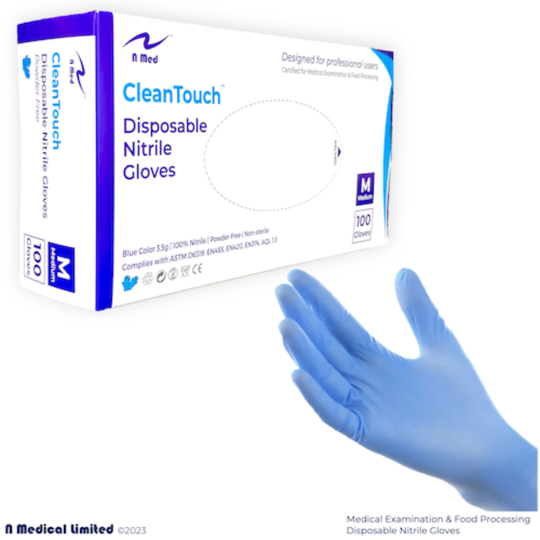 N Med CleanTouch Disposable Nitrile NBR Medical Gloves Powder Free Exam Gloves 100 Gloves per Box