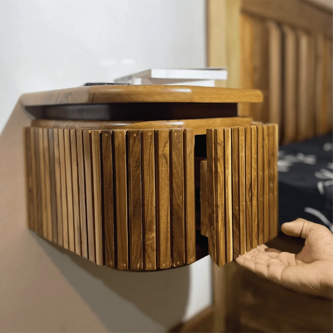 Handcrafted Teak Floating Nightstand with Drawer Solid Wood Wall Mounted Bedside Table for Modern Homes