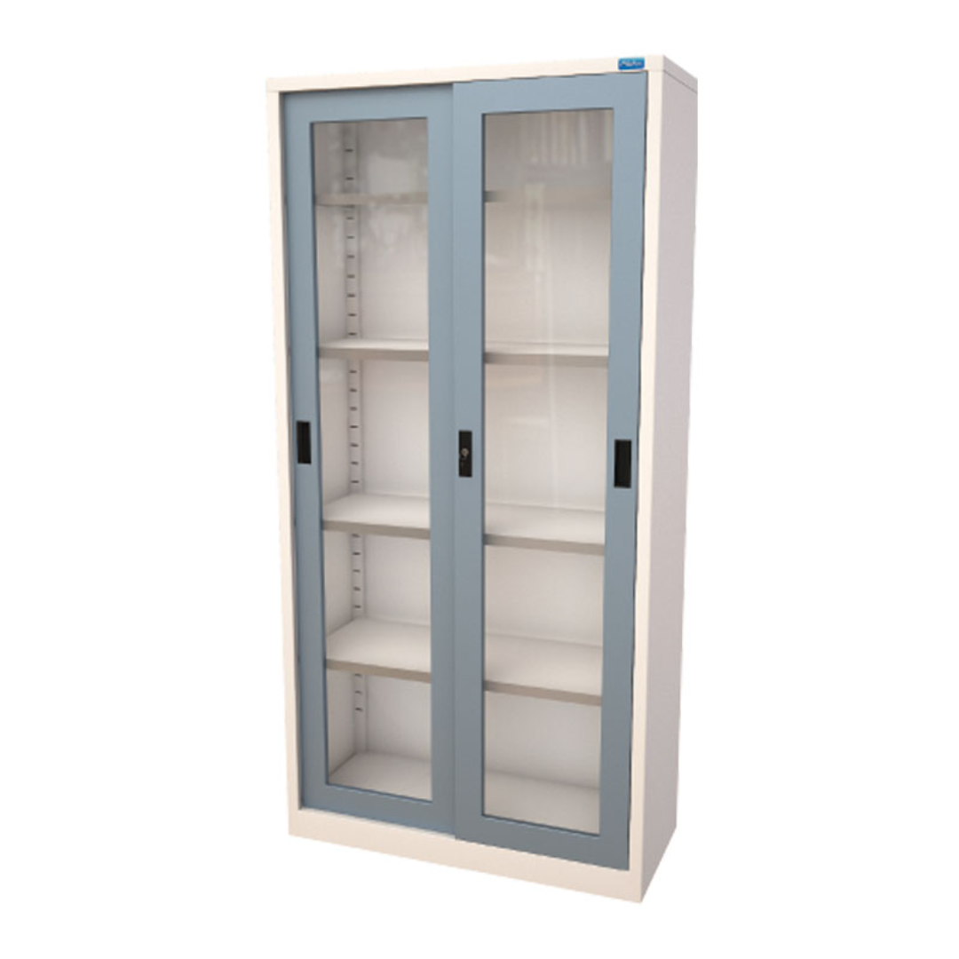 Sahara Glass Sliding Door Cabinets with Lockable Storage for Office and Home Organization Solutions