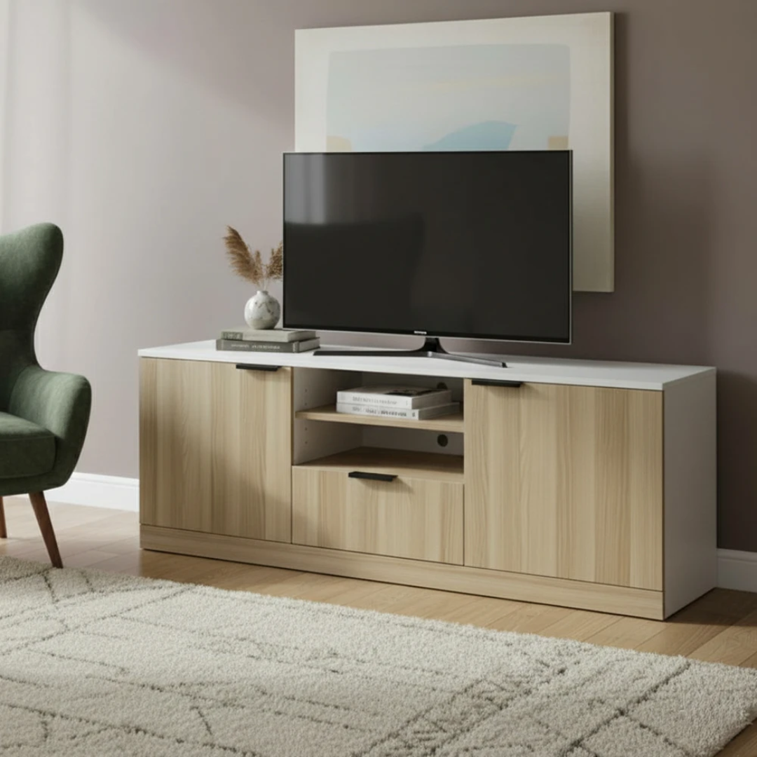 Hermosa TV Cabinet Dual Tone Modern Entertainment Unit with Storage Shelves for Living Room Setup