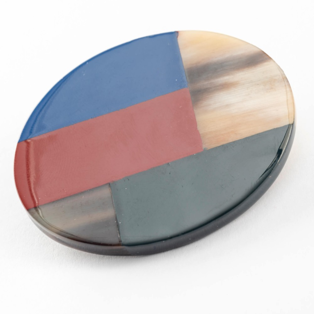 African Horn Pin Oval Dark Green Red Blue Lacquered Vintage Style Brooch Jewelry Unique Piece
