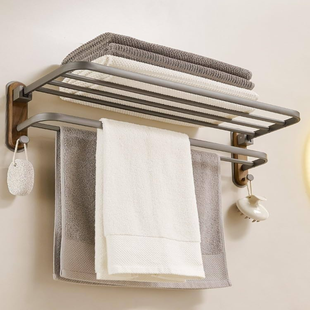 Wall Mounted Towel Storage Rack Space Saving Bathroom Organizer Shelf with Durable Metal Frame