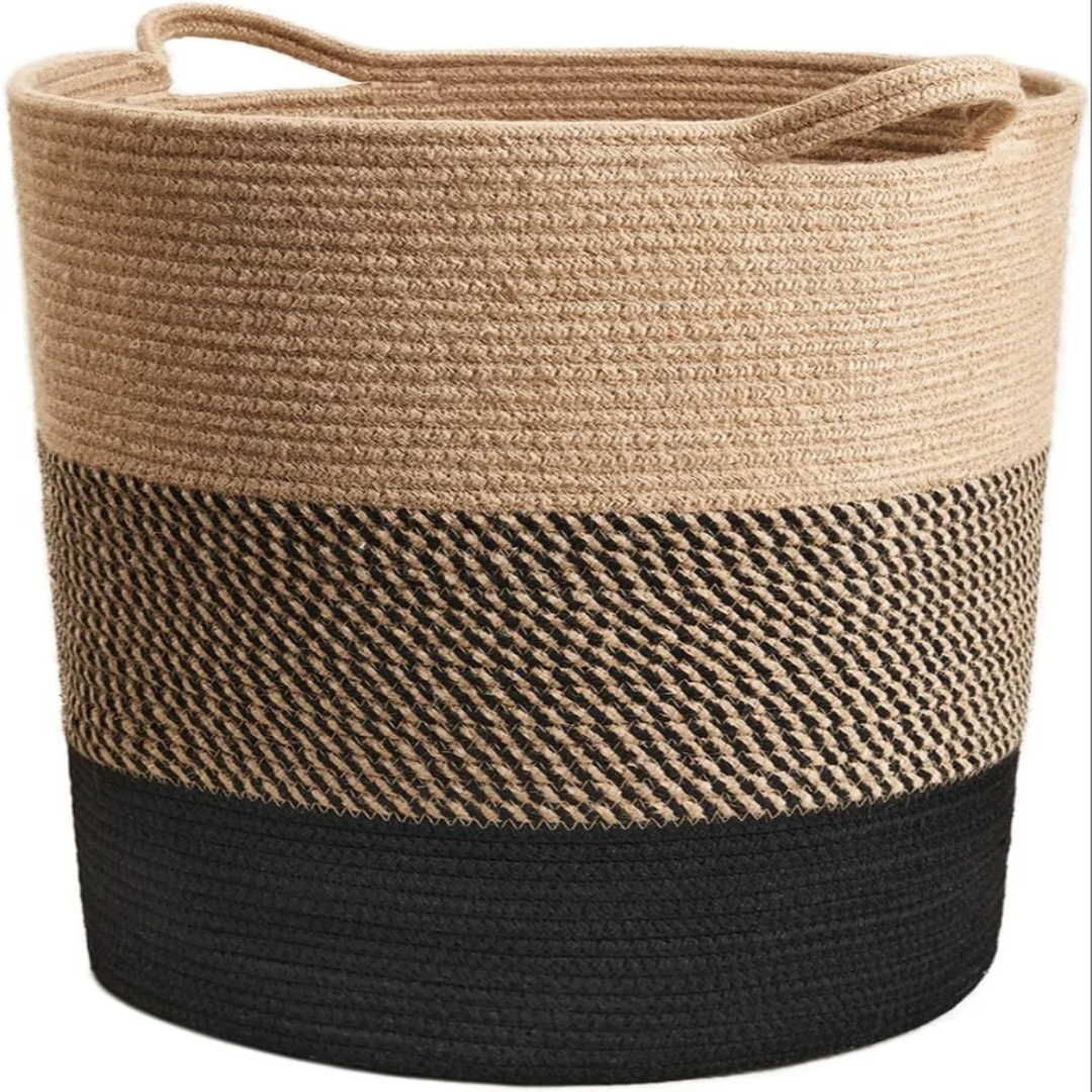 Beige and Black Laundry Organizer Jute Fabric Basket