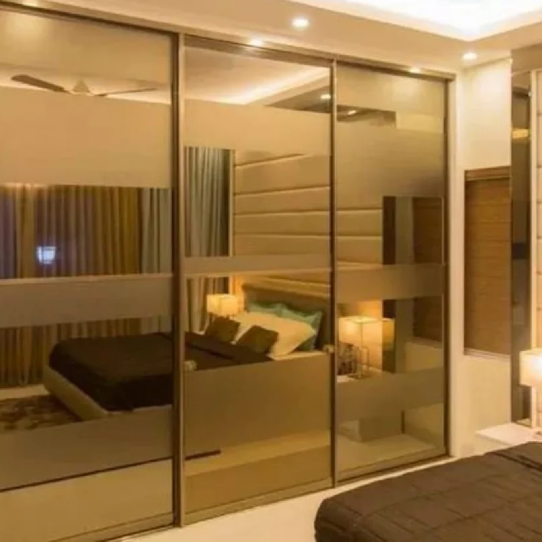 Wooden 6 Door Sliding Glass Wardrobe, With Mirror