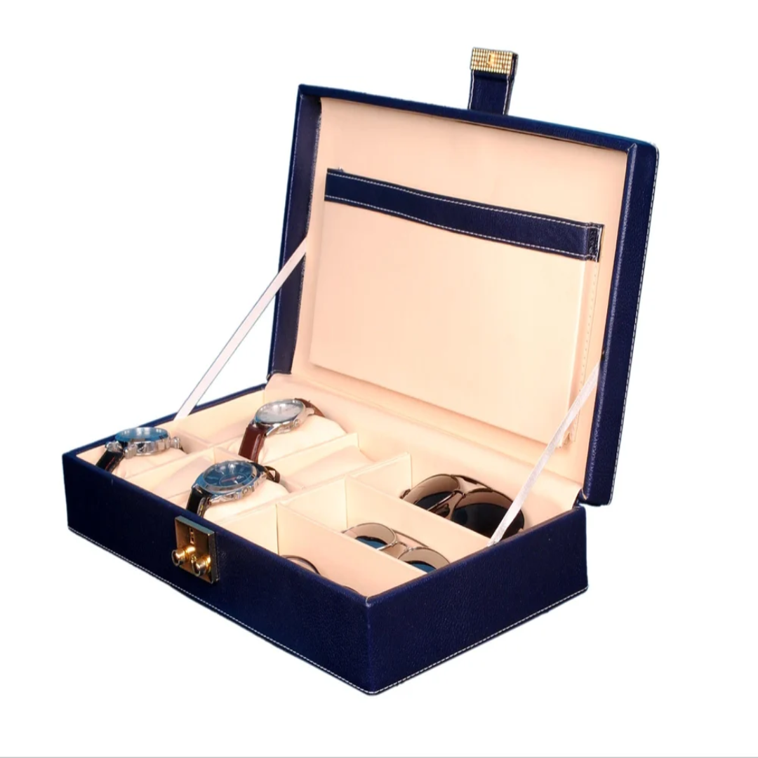 Hard Craft Watch Organizer Case PU Leather for 6 Watch Slots - Blue