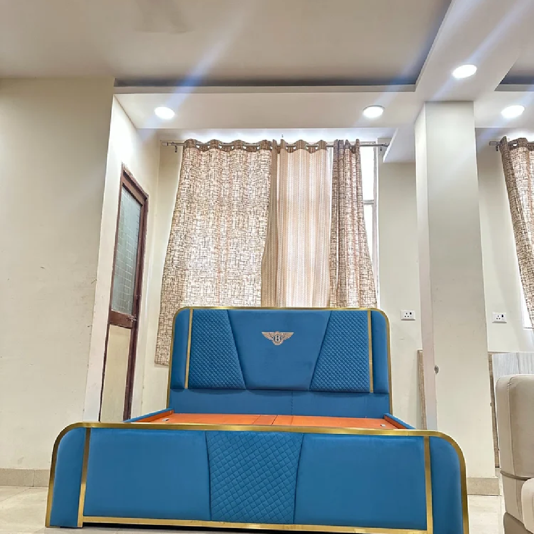King Size Blue Wooden Velvet Platform Bed