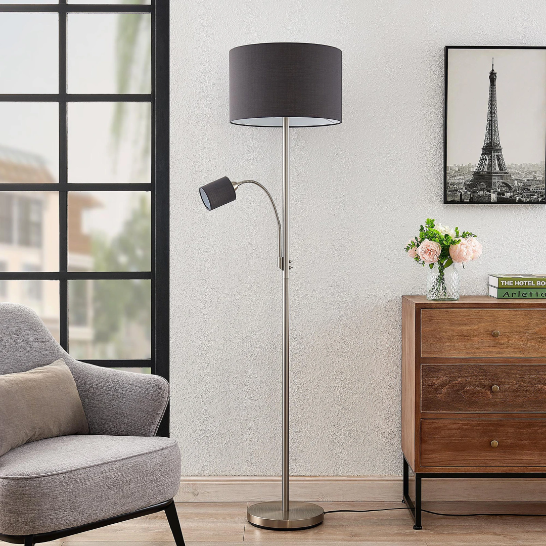 Lindby Jaileen Fabric Floor Lamp with Reading Light – Grey | UK Lighting Supplier