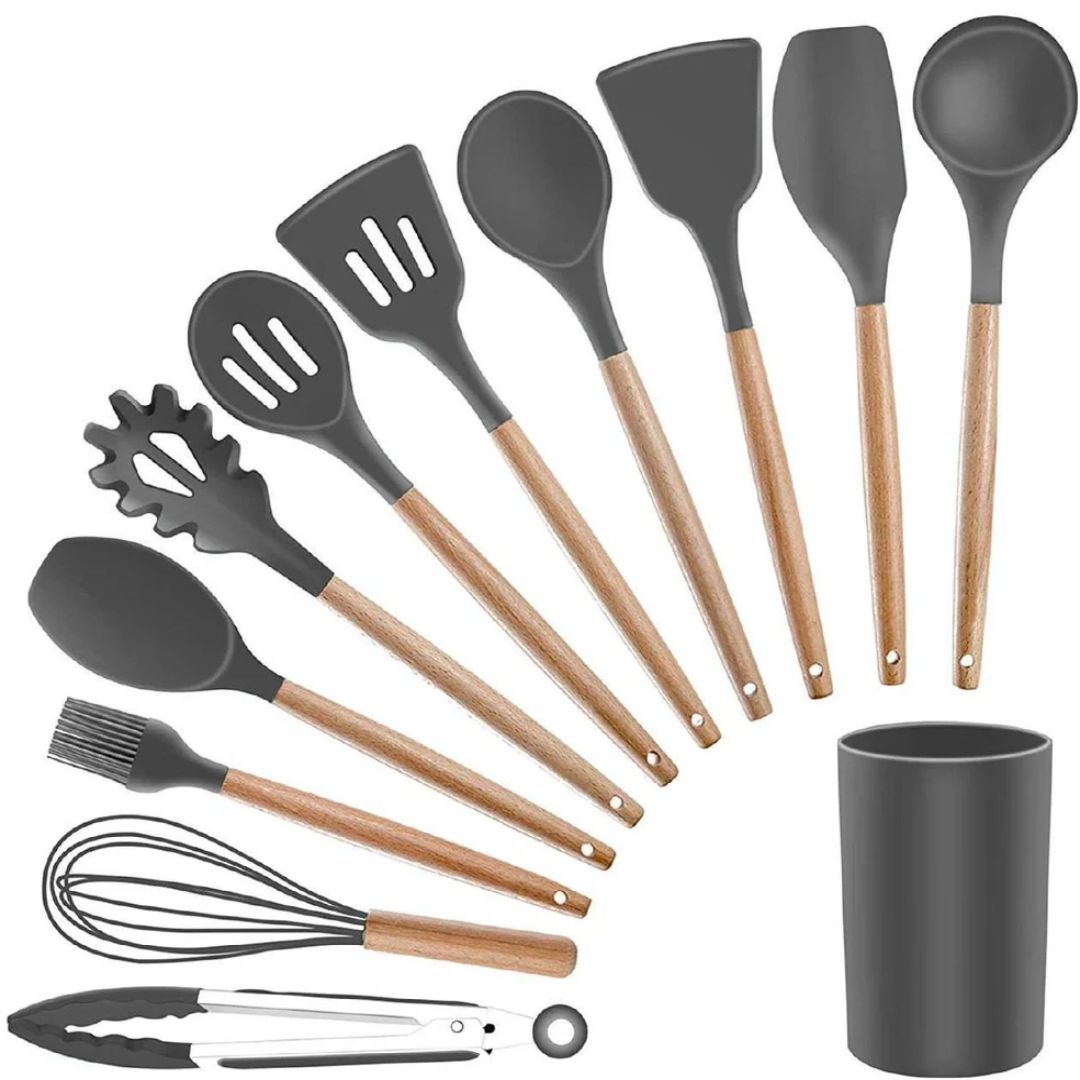12.5 Inch Silicone Kitchen Cooking Spatula And Utensils Spoon Set With Wooden Handle (Set of 12)