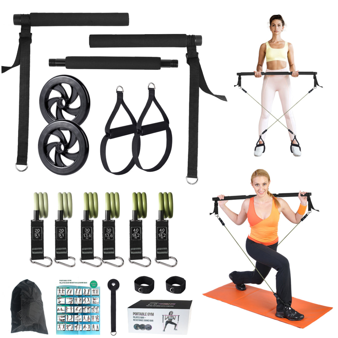 Ultimate Pilates bar Kit. Multiple Fitness Bar With Resistance Bands, Ab Rollers For Core Training