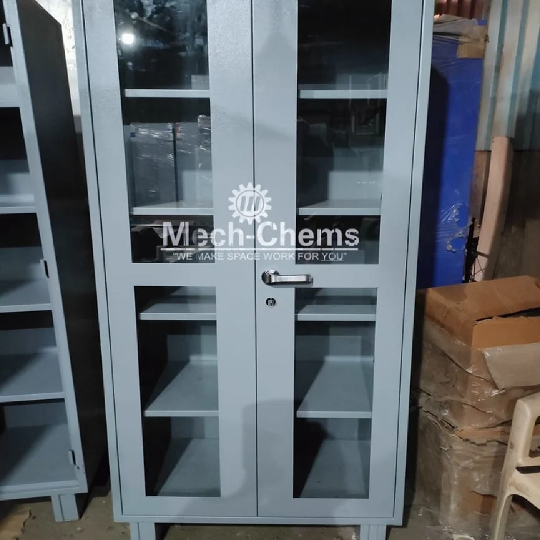 Paint Coated Glass Door Bookcase, For Library, 5 Shelves