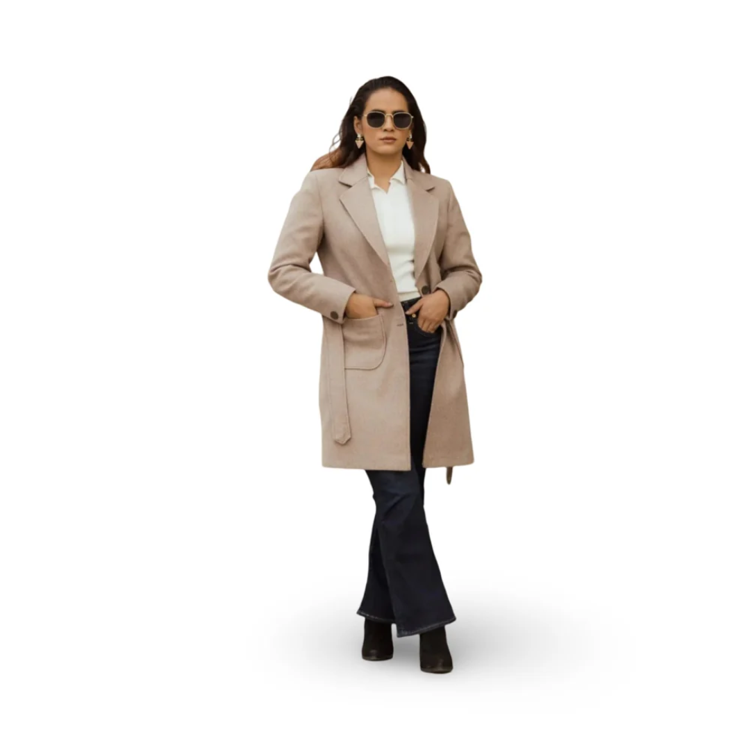 Plain Women Large Size Cream Woolen Long Overcoat