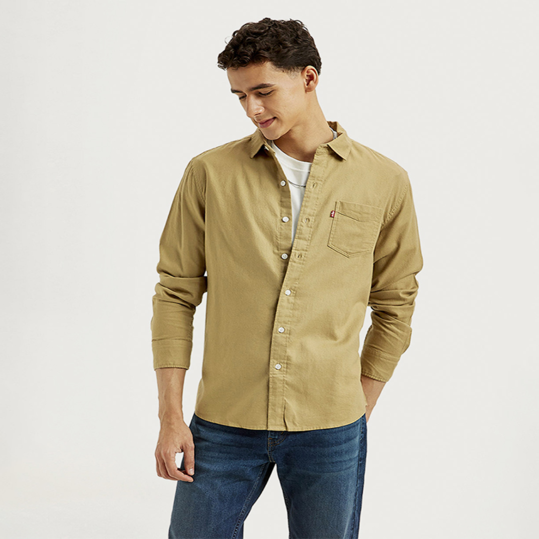 Men’s Solid Slim Fit Casual Shirt – Full Sleeve, Button-Down, Khaki Colour | Wholesale from UAE