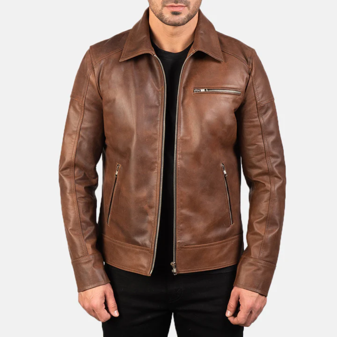 Lavendard Classic Brown Leather Biker Jacket – Rugged & Stylish | Wholesale from UAE