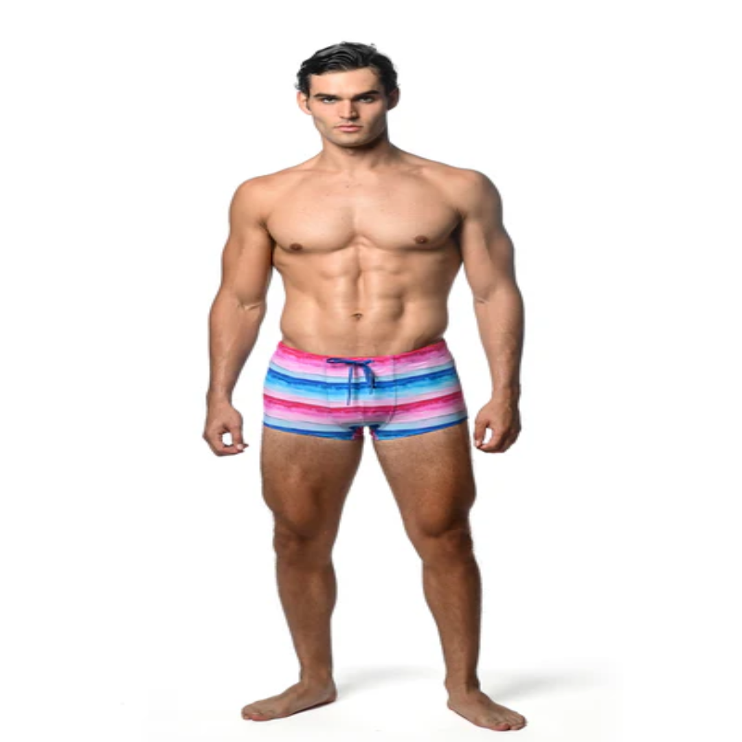 ST-8016-29 Men's Swim Trunks – GREEN/CANDY Stripe Print | USA Swimwear Supplier
