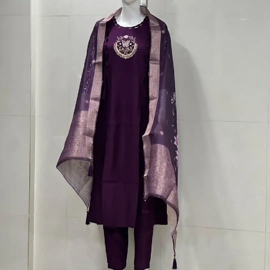 Silk Purple Embroidery Pant Set for Stylish Fashion